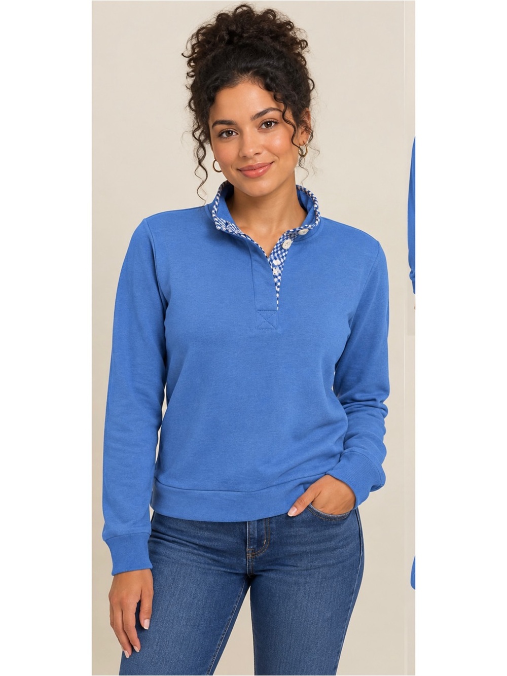 Crown & Ivy Blue Gingham Trim Pullover NWT M